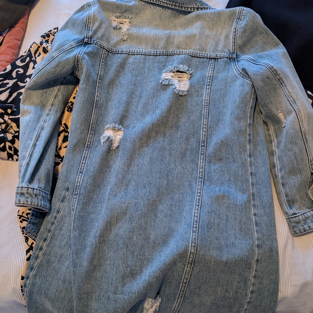 Tribal Light Blue Distressed Long Jean Jacket - Picture 2 of 3